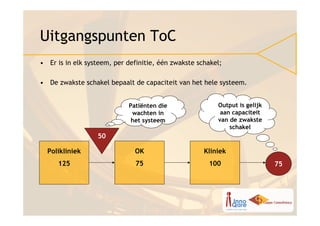 Uitgangspunten ToC
• Er is in elk systeem, per definitie, één zwakste schakel;

• De zwakste schakel bepaalt de capaciteit van het hele systeem.


                            Patiënten die                Output is gelijk
                             wachten in                   aan capaciteit
                             het systeem                 van de zwakste
                                                             schakel
                  50

  Polikliniek                 OK                     Kliniek
     125                       75                     100                   75
 
