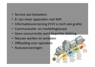 • 
• 
• 
• 
• 
• 
• 
• 

Service	
  aan	
  bezoekers	
  
Er	
  zijn	
  meer	
  apparaten	
  met	
  Wiﬁ	
  
Informa<evoorziening	
  (VVV	
  is	
  toch	
  ook	
  gra<s)	
  
Communica<e-­‐	
  en	
  marke<ngkanaal	
  
Geen	
  concurren<e	
  want	
  beperkte	
  dekking	
  
Nieuwe	
  werken	
  en	
  winkelen	
  
Oﬄoading	
  voor	
  operators	
  
Nutsvoorzieningen	
  

 