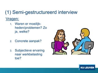 (1) Semi-gestructureerd interview
Vragen:
1. Waren er moeilijk-
heden/problemen? Zo
ja, welke?
2. Concrete aanpak?
3. Subjectieve ervaring
naar werkbelasting
toe?
 