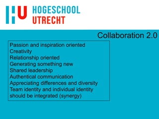 Collaboration 2.0
Passion and inspiration oriented
Creativity
Relationship oriented
Generating something new
Shared leadership
Authentical communication
Appreciating differences and diversity
Team identity and individual identity
should be integrated (synergy)
 