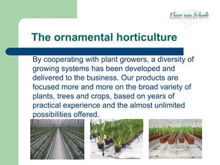 The ornamental horticulture
By cooperating with plant growers, a diversity of
growing systems has been developed and
delivered to the business. Our products are
focused more and more on the broad variety of
plants, trees and crops, based on years of
practical experience and the almost unlimited
possibilities offered.
 