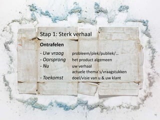 Stap 1: Sterk verhaal
Ontrafelen
- Uw vraag    probleem/plek/publiek/…
- Oorsprong   het product algemeen
- Nu          uw verhaal
              actuele thema´s/vraagstukken
- Toekomst    doel/visie van u & uw klant
 