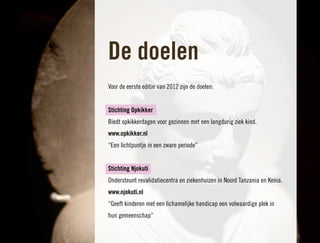 De doelen
Voor de eerste editie van 2012 zijn de doelen:


Stichting Opkikker
Biedt opkikkerdagen voor gezinnen met een langdurig ziek kind.
www.opkikker.nl
“Een lichtpuntje in een zware periode”


Stichting Njokuti
Ondersteunt revalidatiecentra en ziekenhuizen in Noord Tanzania en Kenia.
www.njokuti.nl
“Geeft kinderen met een lichamelijke handicap een volwaardige plek in
hun gemeenschap”
 