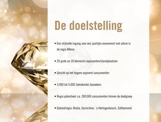 De doelstelling
• Een stijlvolle ingang voor een jaarlijks evenement met allure in
  de regio Altena


• 20 grote en 20 kleine(re) exposanten/standplaatsen


• Gericht op het hogere segment consumenten


• 3.000 tot 5.000 (betalende) bezoekers


• Regio potentieel: ca. 200.000 consumenten binnen de doelgroep


• Gebied/regio: Breda, Gorinchem, ‘s-Hertogenbosch, Zaltbommel
 