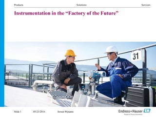 Products Solutions Services
Instrumentation in the “Factory of the Future”
Slide 1 05/23/2016 Jeroen Wynants
 