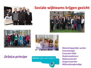 Sociale wijkteams krijgen gezicht
Maatschappelijke werker
Casemanager
Consulent MEE
Ouderenadviseur
Opbouwwerker
Jongerenwerker
Wijlverpleegkundige
ZeSaLa-principe
 