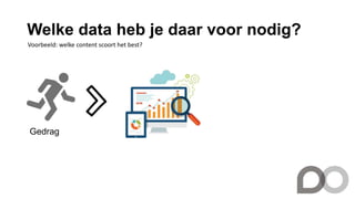 Welke data heb je daar voor nodig?
Gedrag
Voorbeeld: welke content scoort het best?
 