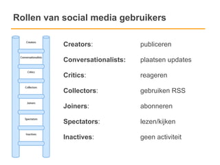 Rollen van social media gebruikers

           Creators:             publiceren

           Conversationalists:   plaatsen updates

           Critics:              reageren

           Collectors:           gebruiken RSS

           Joiners:              abonneren

           Spectators:           lezen/kijken

           Inactives:            geen activiteit
 