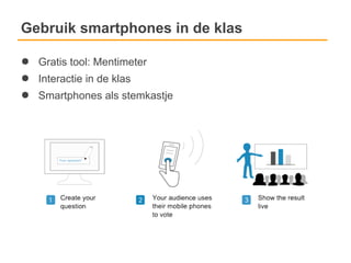 Gebruik smartphones in de klas

●   Gratis tool: Mentimeter
●   Interactie in de klas
●   Smartphones als stemkastje
 