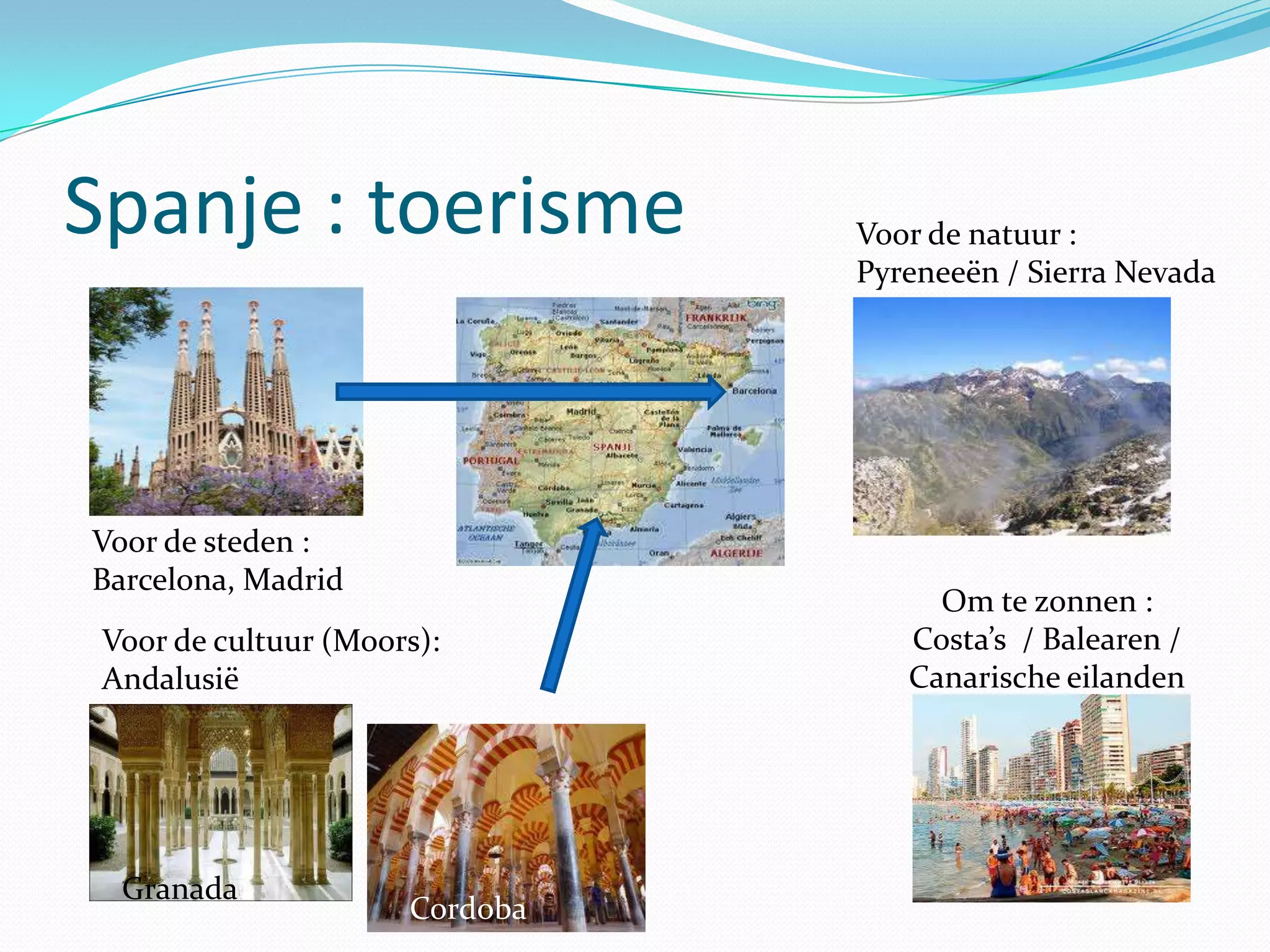 Spanje : toerisme               Voor de natuur :
                                Pyreneeën / Sierra Nevada




Voor de steden :
Barcelona, Madrid
                                     Om te zonnen :
 Voor de cultuur (Moors):          Costa’s / Balearen /
 Andalusië                         Canarische eilanden




  Granada
                      Cordoba
 