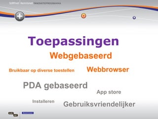 Bruikbaar op diverse toestellen  PDA gebaseerd Webgebaseerd Webbrowser App store Toepassingen Installeren Gebruiksvriendelijker 
