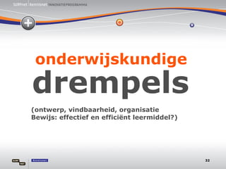 onderwijskundige (ontwerp, vindbaarheid, organisatie Bewijs: effectief en efficiënt leermiddel?) drempels 