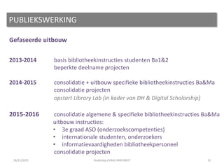 Gefaseerde uitbouw
2013-2014 basis bibliotheekinstructies studenten Ba1&2
beperkte deelname projecten
2014-2015 consolidatie + uitbouw specifieke bibliotheekinstructies Ba&Ma
consolidatie projecten
opstart Library Lab (in kader van DH & Digital Scholarship)
2015-2016 consolidatie algemene & specifieke bibliotheekinstructies Ba&Ma
uitbouw instructies:
• 3e graad ASO (onderzoekscompetenties)
• internationale studenten, onderzoekers
• informatievaardigheden bibliotheekpersoneel
consolidatie projecten
13
PUBLIEKSWERKING
26/11/2015 Studiedag VVBAD #INFOBEET
 