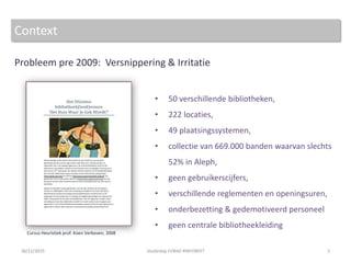Probleem pre 2009: Versnippering & Irritatie
• 50 verschillende bibliotheken,
• 222 locaties,
• 49 plaatsingssystemen,
• collectie van 669.000 banden waarvan slechts
52% in Aleph,
• geen gebruikerscijfers,
• verschillende reglementen en openingsuren,
• onderbezetting & gedemotiveerd personeel
• geen centrale bibliotheekleiding
Context
2
Cursus Heuristiek prof. Koen Verboven, 2008
26/11/2015 Studiedag VVBAD #INFOBEET
 