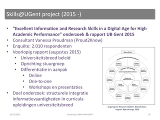 • “Excellent Information and Research Skills in a Digital Age for High
Academic Performance” onderzoek & rapport UB Gent 2015
• Consultant Vanessa Proudman (Proud2Know)
• Enquête: 2.010 respondenten
• Voorlopig rapport (augustus 2015)
• Universiteitsbreed beleid
• Oprichting stuurgroep
• Differentiatie in aanpak
• Online
• One-to-one
• Workshops en presentaties
• Doel onderzoek: structurele integratie
informatievaardigheden in curricula
opleidingen universiteitsbreed
Skills@UGent project (2015 -)
20
Organigram Netwerk UGent Bibliotheken,
rapport Bjørnshauge 2006
26/11/2015 Studiedag VVBAD #INFOBEET
 