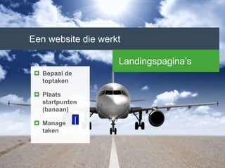 Een website die werkt
Landingspagina’s
 Bepaal de
toptaken
 Plaats
startpunten
(banaan)
 Manage
taken
 