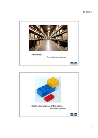 !"#$"#!$%%&




Alternatively!!"""!
                      They build a data warehouse




Rigid modular approach of Data Vault ...
                          Means easy automation




                                                             !&
 