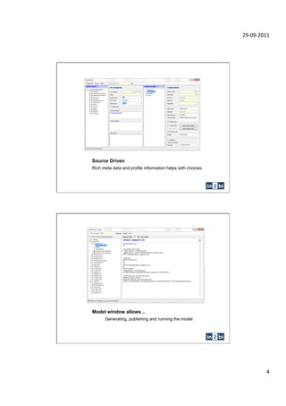 !"#$"#!$%%&




Source Driven
Rich meta data and profile information helps with choices.




Model window allows ..
      Generating, publishing and running the model




                                                                      '&
 