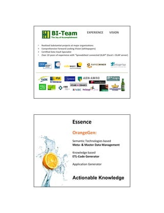 BI-Team
             The Joy of Accomplishment
                                               HLKH!MHN5H            <M(MAN


•   !"#$%&"' ()*+,#-,%#$ ./01"2,+ #, 3#10/ 0/4#-%&#,%0-+
!   503./"6"-+%7" 80/9#/' :00;%-4 <%+%0- =96%,".#."/+>
!   5"/,%?%"' @#,# <#)$, (."2%#$%+,
•   A7"/ BC D"#/+ 0? "E."/%"-2" 9%,6 F(!"#$%&'##( )*++#)(#% ,-./G =HE2"$ I A:JK +"/7"/>




                                 H++"-2"
                                 A/#-4"O"-P
                                 "#$%&'() *#)+&,-,.(#/ 0%/#1
                                 Q",# R Q#+,"/ @#,# Q#-#4"3"-,

                                 2&,3-#1.# 0%/#1
                                 HS: 50'" O"-"/#,0/

                                 455-()%'(,& 6#%',7



                                 Actionable Knowledge
 