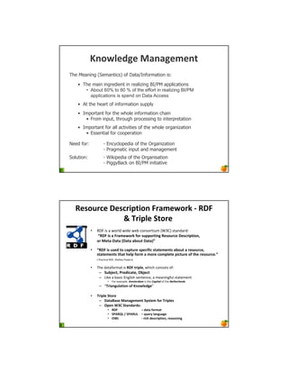 !"#$%&'(& )*"*(&+&",
The Meaning (Semantics) of Data/Information is:

    • The main ingredient in realizing BI/PM applications
       • About 60% to 80 % of the effort in realizing BI/PM
         applications is spend on Data Access
    • At the heart of information supply
    • Important for the whole information chain
       • From input, through processing to interpretation
    • Important for all activities of the whole organization
       • Essential for cooperation

Need for:            - Encyclopedia of the Organization
                     - Pragmatic input and management
Solution:            - Wikipedia of the Organisation
                     - PiggyBack on BI/PM initiative




  .&2#638& /&28317,1#" 03*+&$#34 ./0
              R D317%& @,#3&
            •   !"# $% & '()*+ '$+, ',- .(/%()0$12 34567 %0&/+&)+8
                -./0 12 * 03*+&$#34 5#3 2677#3,1"( .&2#638& /&28317,1#"9
                #3 )&,* /*,* :/*,* *;#6, /*,*<=

            •   -./0 12 62&' ,# 8*7,63& 27&81518 2,*,&+&",2 *;#6, * 3&2#638&9
                2,*,&+&",2 ,>*, >&%7 5#3+ * +#3& 8#+7%&,& 718,63& #5 ,>& 3&2#638&?=
                3 9)&.0$.&* !"#: ;<,**,= 9(',)%7

            •   ><, +&0&?()2&0 $% ./0 ,317%&: '<$.< .(/%$%0% (?8
                 – @6;A&8,9 B3&'18*,&9 C;A&8,
                 – @$A, & -&%$. B/C*$%< %,/0,/.,: & 2,&/$/C?1* %0&0,2,/0
                         •   #() ,D&2E*,8 !"#$%&'(" $% 0<, )(*+$(, (? 0<, -%$.%&,(/'#
                 – FD31*"(6%*,1#" #5 !"#$%&'(&G

            •   D317%& @,#3&
                 – /*,*E*2& )*"*(&+&", @F2,&+ 5#3 D317%&2
                 – C7&" GHI @,*"'*3'2J
                         • ./0             K '*,* 5#3+*,
                         • @BL.MN O @BL.PN K Q6&3F %*"(6*(&
                         • CGN              318> '&28317,1#"9 3&*2#"1"(
 