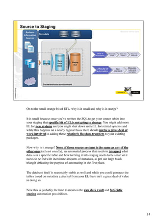 On to the small orange bit of ETL, why is it small and why is it orange?


It is small because once you’ve written the SQL to get your source tables into
your staging that specific bit of EL is not going to change. You might add more
EL for new systems and you might shut down some EL for retired systems and
while this happens on a nearly regular basis there should not be a great deal of
work involved in adding these relatively flat data transfers to your existing
packages.


Now why is it orange? None of those source systems is the same as any of the
other ones (at least usually), an automated process that needs to interpret what
data is in a specific table and how to bring it into staging needs to be smart or it
needs to be fed with inordinate amounts of metadata, as per our large black
triangle defeating the purpose of automating in the first place.


The database itself is reasonably stable as well and while you could generate the
tables based on metadata extracted from your EL there isn’t a great deal of value
in doing so.


Now this is probably the time to mention the raw data vault and futuristic
staging automation possibilities.




                                                                                       14
 