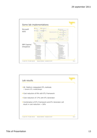 29 september 2011




                 Some lab implementations

                Microsoft
                SSIS




                IBM Cognos/
                Infosphere




                © Logica 2011. All rights reserved   Datavault Conference – Automation 6 oct 2011    No. 25




                 Lab results


                •  BI- Platform indepedant ETL methode
                   •  Generic ETL model/design


                •  Cost reduction of 8% with ETL Framework

                •  Cost reduction of 17% with ETL Generator

                •  Combination of ETL Framework and ETL Generator will
                  result in cost reduction > 26%




                © Logica 2011. All rights reserved   Datavault Conference – Automation 6 oct 2011    No. 26




Title of Presentation                                                                                             13
 