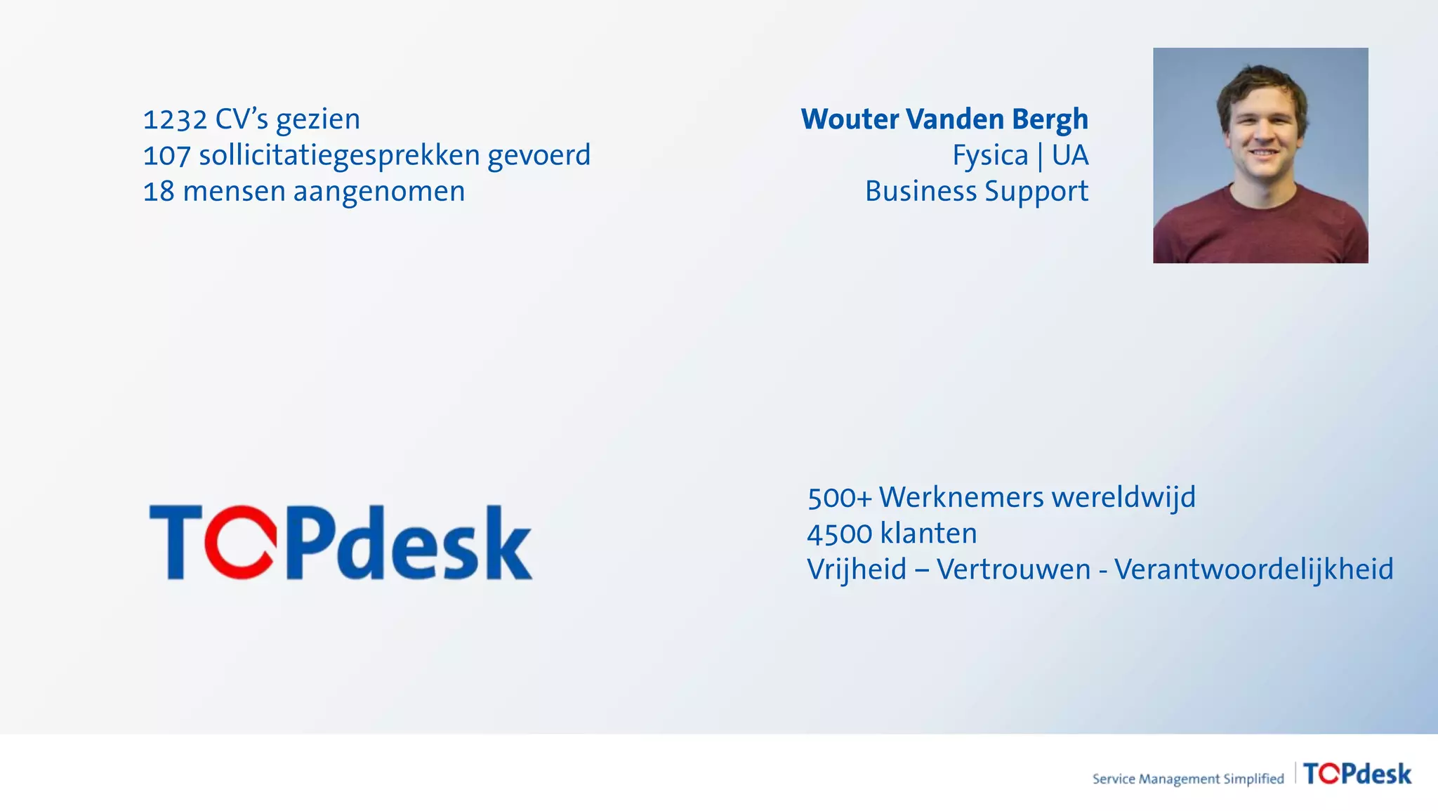 Wouter Vanden Bergh
Fysica | UA
Business Support
1232 CV’s gezien
107 sollicitatiegesprekken gevoerd
18 mensen aangenomen
500+ Werknemers wereldwijd
4500 klanten
Vrijheid – Vertrouwen - Verantwoordelijkheid
 