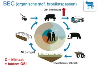 CH4 (methaan)
BEC (organische stof, broeikasgassen)
C = klimaat
= bodem OS!
N2 (lachgas)
OS opbouw / afbraak
 