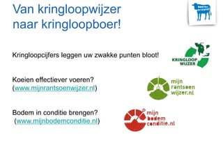 Van kringloopwijzer
naar kringloopboer!
Kringloopcijfers leggen uw zwakke punten bloot!
Koeien effectiever voeren?
(www.mijnrantsoenwijzer.nl)
Bodem in conditie brengen?
(www.mijnbodemconditie.nl)
 