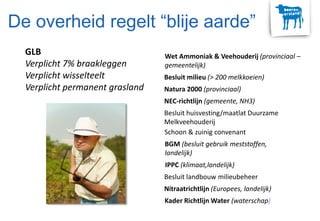Natura 2000 (provinciaal)
Wet Ammoniak & Veehouderij (provinciaal –
gemeentelijk)
Kader Richtlijn Water (waterschap)
Nitraatrichtlijn (Europees, landelijk)
BGM (besluit gebruik meststoffen,
landelijk)
Besluit milieu (> 200 melkkoeien)
Besluit landbouw milieubeheer
Besluit huisvesting/maatlat Duurzame
Melkveehouderij
NEC-richtlijn (gemeente, NH3)
Schoon & zuinig convenant
IPPC (klimaat,landelijk)
De overheid regelt “blije aarde”
GLB
Verplicht 7% braakleggen
Verplicht wisselteelt
Verplicht permanent grasland
 