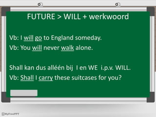 FUTURE > WILL + werkwoord
Vb: I will go to England someday.
Vb: You will never walk alone.
Shall kan dus alléén bij I en WE i.p.v. WILL.
Vb: Shall I carry these suitcases for you?
 