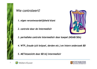Wie controleert?

     1. eigen verantwoordelijkheid klant


     2. controle door de intermediair


     3. periodieke controle intermediair door koepel (NOAB/SRA)


     4. WTP, fraude (uit knipsel, derden etc.) en intern onderzoek BD


     5. METAtoezicht door BD bij intermediair


5
 
