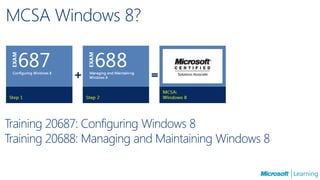 MCSA Windows 8?




Training 20687: Configuring Windows 8
Training 20688: Managing and Maintaining Windows 8
 