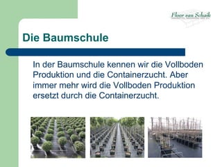 Die tree nursery
The Baumschule

 In the tree growing business there are two
  In the tree growing kennen wir die Vollboden
     der Baumschule             we have
 commongrowth andContainerzucht. Aber
  Produktion und die container outdoor (i.e.
  outdoor practices of growing: growth. We
 in the ground) and in Vollboden Produktion
  immer mehr wird die containers. We see the
  see the tree growing business develop more
 industry sector expanding in its entirety more
 and more, anddie Containerzucht. (or pot
  ersetzt durch growing in containers
  and more with the container growth (or
  growth) in particular is becoming popular.
 pots) becoming the most popular method.
 