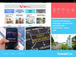 innovatief creatief ondernemend
Tourism & leisure
manager: producten
ontwikkelen /
innoveren / start-
ups
18
 