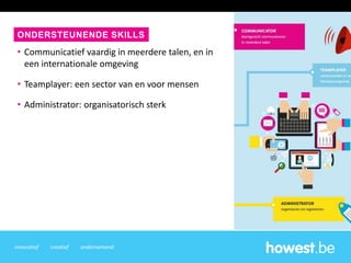 innovatief creatief ondernemend
• Communicatief vaardig in meerdere talen, en in
een internationale omgeving
• Teamplayer: een sector van en voor mensen
• Administrator: organisatorisch sterk
ONDERSTEUNENDE SKILLS
 