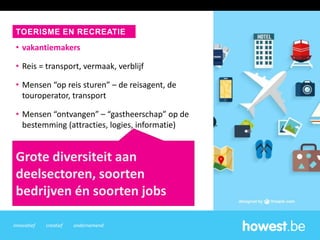innovatief creatief ondernemend
• vakantiemakers
• Reis = transport, vermaak, verblijf
• Mensen “op reis sturen” – de reisagent, de
touroperator, transport
• Mensen “ontvangen” – “gastheerschap” op de
bestemming (attracties, logies, informatie)
TOERISME EN RECREATIE
Grote diversiteit aan
deelsectoren, soorten
bedrijven én soorten jobs
 