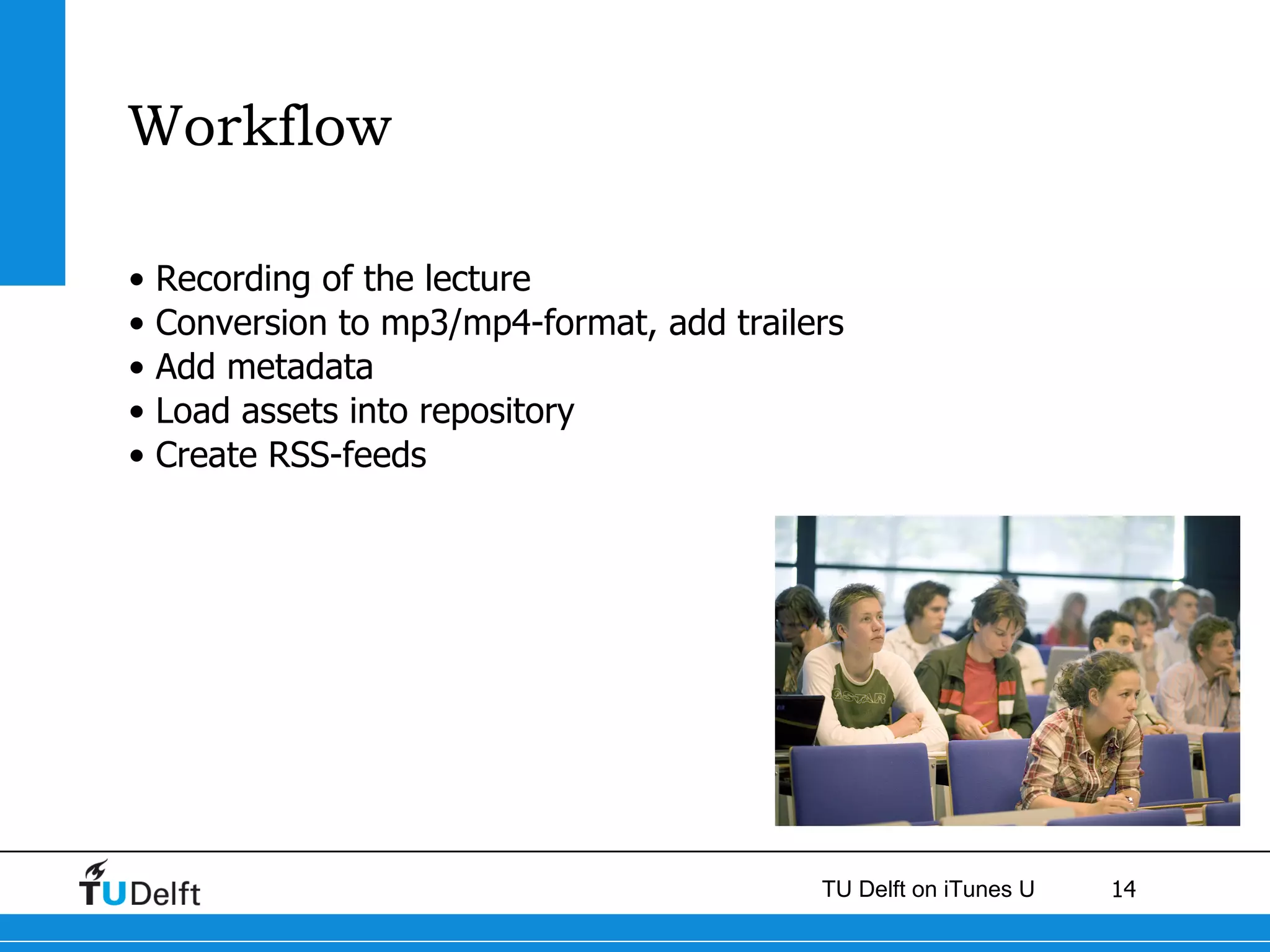 Workflow Recording of the lecture Conversion to mp3/mp4-format, add trailers Add metadata Load assets into repository Create RSS-feeds 