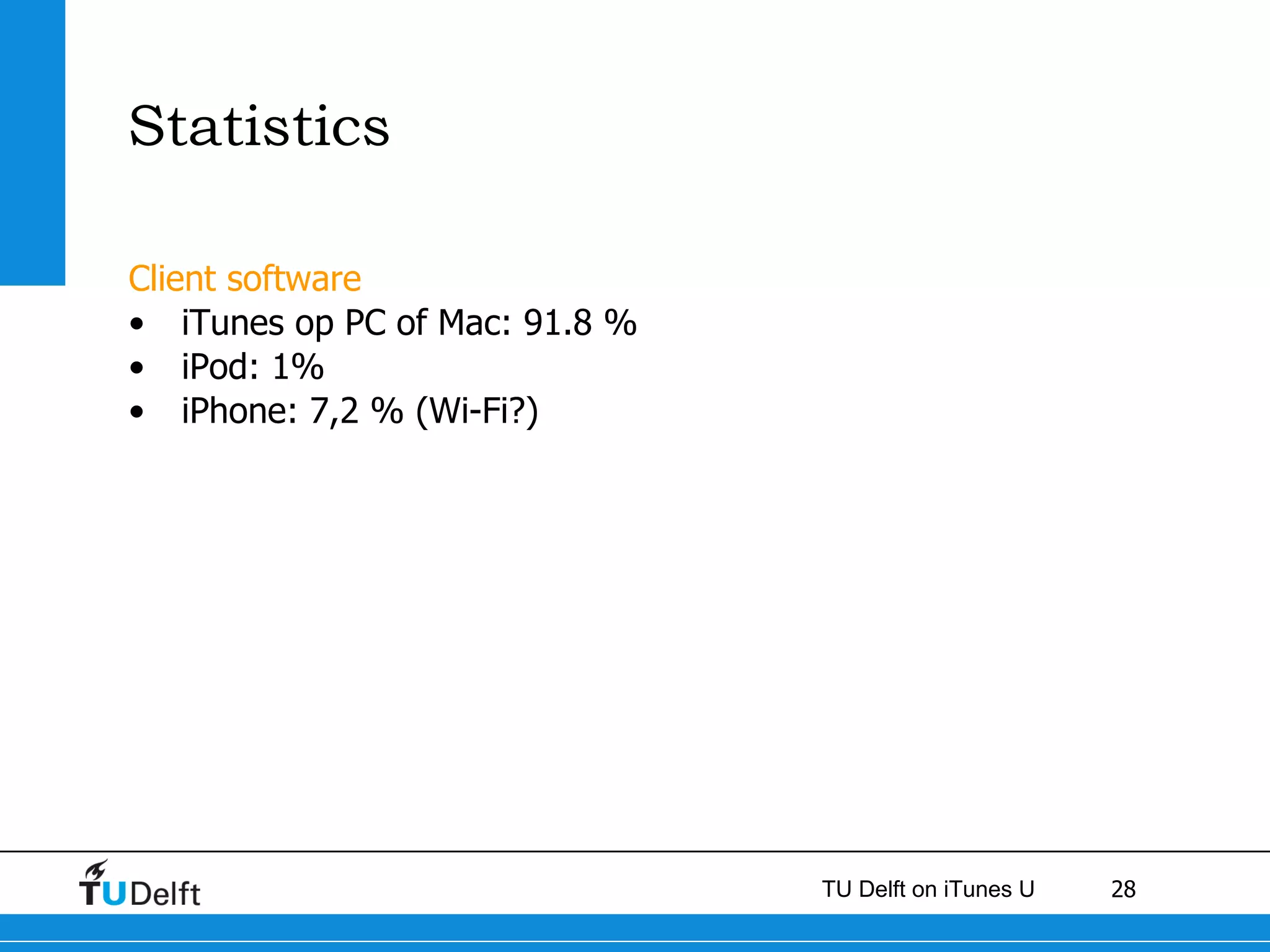 Statistics Client software iTunes op PC of Mac: 91.8 % iPod: 1% iPhone: 7,2 % (Wi-Fi?) 