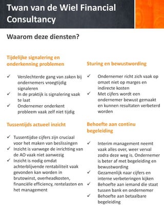 Twan van de Wiel Financial
Consultancy
Waarom deze diensten?
Tijdelijke signalering en
onderkenning problemen
 Verslechterde gang van zaken bij
ondernemers vroegtijdig
signaleren
 In de praktijk is signalering vaak
te laat
 Ondernemer onderkent
probleem vaak zelf niet tijdig
Tussentijds actueel inzicht
 Tussentijdse cijfers zijn cruciaal
voor het maken van beslissingen
 Inzicht is vanwege de inrichting van
de AO vaak niet aanwezig
 Inzicht is nodig omdat
achterblijvende rentabiliteit vaak
gevonden kan worden in
brutowinst, overheadkosten,
financiële efficiency, rentelasten en
het management
Sturing en bewustwording
 Ondernemer richt zich vaak op
omzet niet op marges en
indirecte kosten
 Met cijfers wordt een
ondernemer bewust gemaakt
en kunnen resultaten verbeterd
worden
Behoefte aan continu
begeleiding
 Interim management neemt
vaak alles over, weer verval
zodra deze weg is. Ondernemer
is beter af met begeleiding en
bewustwording
 Gezamenlijk naar cijfers en
interne verbeteringen kijken
 Behoefte aan iemand die staat
tussen bank en ondernemer
 Behoefte aan betaalbare
begeleiding
 