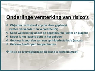 Onderlinge versterking van risico’s
 Objecten rechtstreeks op de vloer geplaatst
(water, verkeerde T en verkeerde RV)
 Geen waterkering onder de depotdeuren (water en plagen)
 Depot is het laagste punt in het gebouw
 Gebouw is voorzien van een sprinklerinstallatie (water)
 Gebouw heeft open trappenhuizen
 Risico op (vervolg)schade bij brand is extreem groot
 