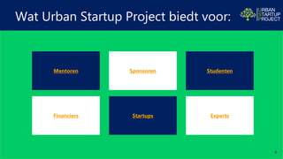 8
Wat Urban Startup Project biedt voor:
Mentoren
Financiers Startups
Sponsoren
Experts
Studenten
 