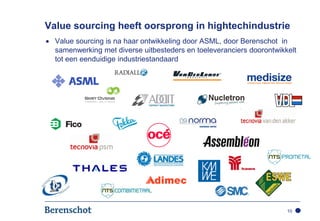 Value sourcing heeft oorsprong in hightechindustrie
  Value sourcing is na haar ontwikkeling door ASML, door Berenschot in
  samenwerking met diverse uitbesteders en toeleveranciers doorontwikkelt
  tot een eenduidige industriestandaard




                                                                      10
 