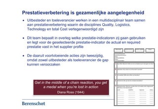 Prestatieverbetering is gezamenlijke aangelegenheid
  Uitbesteder en toeleverancier werken in een multidisciplinair team samen
  aan prestatieverbetering waarin de disciplines Quality, Logistics,
  Technology en total Cost vertegenwoordigd zijn

  Dit team bepaalt in overleg welke prestatie-indicatoren zij gaan gebruiken
  en legt voor de geselecteerde prestatie-indicator de actual en required
  prestatie vast in het supplier profile

  De daaruit voortvloeiende acties zijn tweezijdig,
  omdat zowel uitbesteder als toeleverancier de gap
  kunnen veroorzaken



      Get in the middle of a chain reaction, you get
            a medal when you’re lost in action
                    Diana Ross (1944)


                                                                         7
 