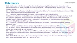 References
[1] P. Kirschner and J. Van Merriënboer, “Ten Steps to Complex Learning A New Approach to Instruction and
Instructional Design,” in In T. L. Good (Ed.), 21st century education: A reference handbook, Thousand Oaks, CA: Sage.,
2008, pp. 244–253.
[2] D. Galligan, Frank; Maskery, Colin; Spence, Jon; Howe, David; Barry, Tim; Ruston, Andy; Crawford, Advanced PE for
Edexcel. Oxford: Heinemann Educational Publishers, 2000.
[3] K. Bowman, “Background paper for the AQF Council on generic skills,” Canberra, 2010
[4] E. Rusman, A. Martínez-monés, J. Boon, M. J. Rodríguez-triana, and S. Villagrá-sobrino, “Gauging Teachers ’ Needs
with Regard to Technology- Enhanced Formative Assessment ( TEFA ) of 21 st Century Skills in the Classroom,” in
Computer Assisted Assessment. Research into E-Assessment. Proceedings of the International Computer Assisted
Assessment (CAA) Conference, 2014, pp. 1–14.
[6] C. Sluijsmans, Dominique; Joosten-ten Brinke, Désirée; Van der Vleuten, “Toetsen met leerwaarde,” Heerlen,
Maastricht, 2013.
[7] J. J. G. Van Merriënboer, Training Complex Cognitive Skills. Educational Technology, 1997.
[11] W. Westera, “On the Changing Nature of Learning Context: Anticipating the Virtual Extensions of the World.,” Educ.
Technol. Soc., vol. 14, no. 2, pp. 201–212, 2011.
[12] O. Berry, M. Price, C. Rust, B. O. Donovan, M. Price, and C. Rust, “Teaching in Higher Education: Know what I
mean ? Enhancing student understanding of assessment standards and criteria,” Teach. High. Educ., no. March 2015, pp.
37–41, 2007.
[13] H. Rohbanfard and L. Proteau, “Live versus video presentation techniques in the observational learning of motor
skills,” Trends Neurosci. Educ., vol. 2, no. 1, pp. 27–32, 2013.
 