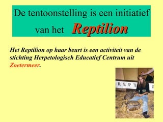 De tentoonstelling is een initiatief van het  Reptilion Het Reptilion op haar beurt is een activiteit van de stichting Herpetologisch Educatief Centrum uit  Zoetermeer . 