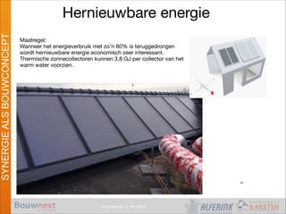 Vroomshoop 11 mrt 2014
SYNERGIEALSBOUWCONCEPT
Hernieuwbare energie
Passief Bouwen
Maatregel:

Wanneer het energieverbruik met zo’n 80% is teruggedrongen
wordt hernieuwbare energie economisch zeer interessant.

Thermische zonnecollectoren kunnen 3,8 GJ per collector van het
warm water voorzien.
32
 