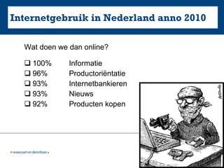 Internetgebruik in Nederland anno 2010 Wat doen we dan online? 100% Informatie 96%  Productoriëntatie 93% Internetbankieren 93% Nieuws 92% Producten kopen 