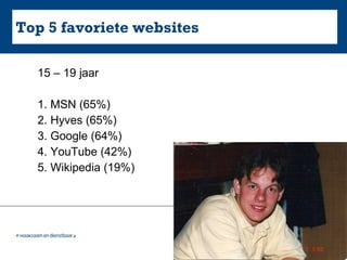 Top 5 favoriete websites 15 – 19 jaar 1. MSN (65%) 2. Hyves (65%) 3. Google (64%) 4. YouTube (42%) 5. Wikipedia (19%) 