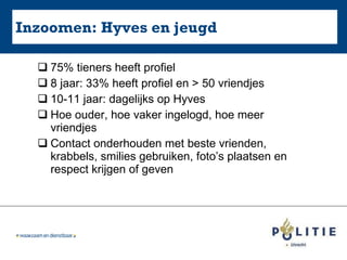 Inzoomen: Hyves en jeugd 75% tieners heeft profiel 8 jaar: 33% heeft profiel en > 50 vriendjes 10-11 jaar: dagelijks op Hyves Hoe ouder, hoe vaker ingelogd, hoe meer vriendjes Contact onderhouden met beste vrienden, krabbels, smilies gebruiken, foto’s plaatsen en respect krijgen of geven 